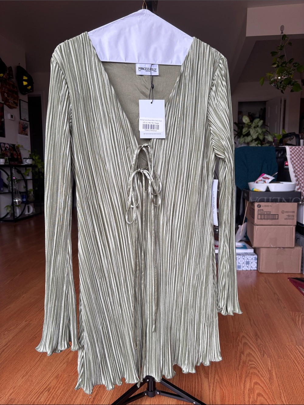 Princess Polly Sage Green Tie-Front Long Flared Sleeve Mini Dress